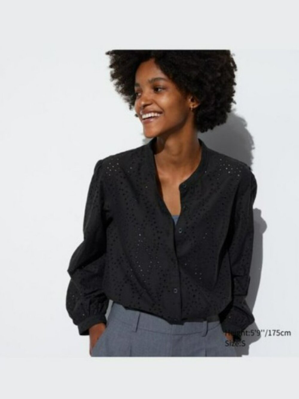 Uniqlo Black Cotton Embroidery Long Sleeve Blouse